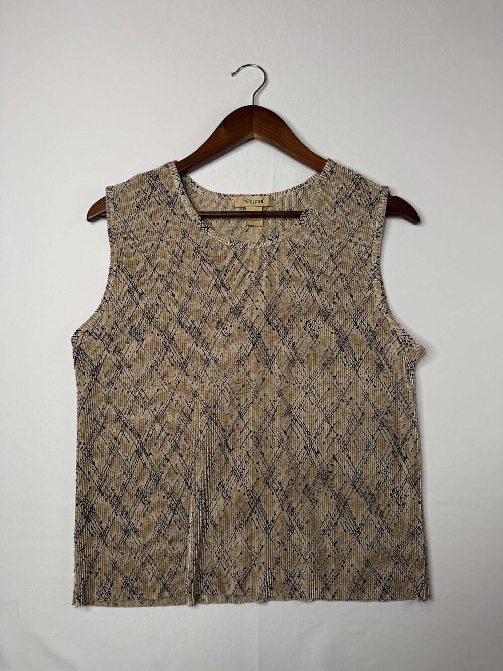 Plisse Vintage 90s Pleated Tan and Black Diamond Print Sleeveless Tank Top XL
